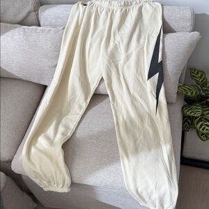 Aviator Nation Cream Joggers with Black Lightning Bolt